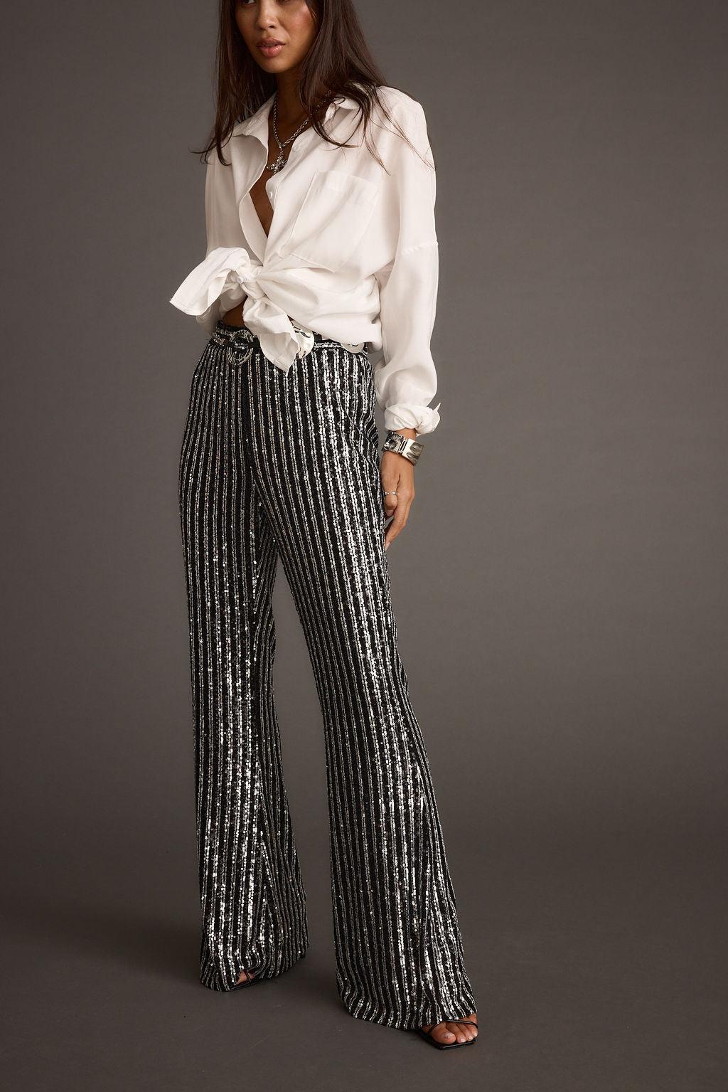 Alicia Black and Silver Striped Sequin Pants Product Image