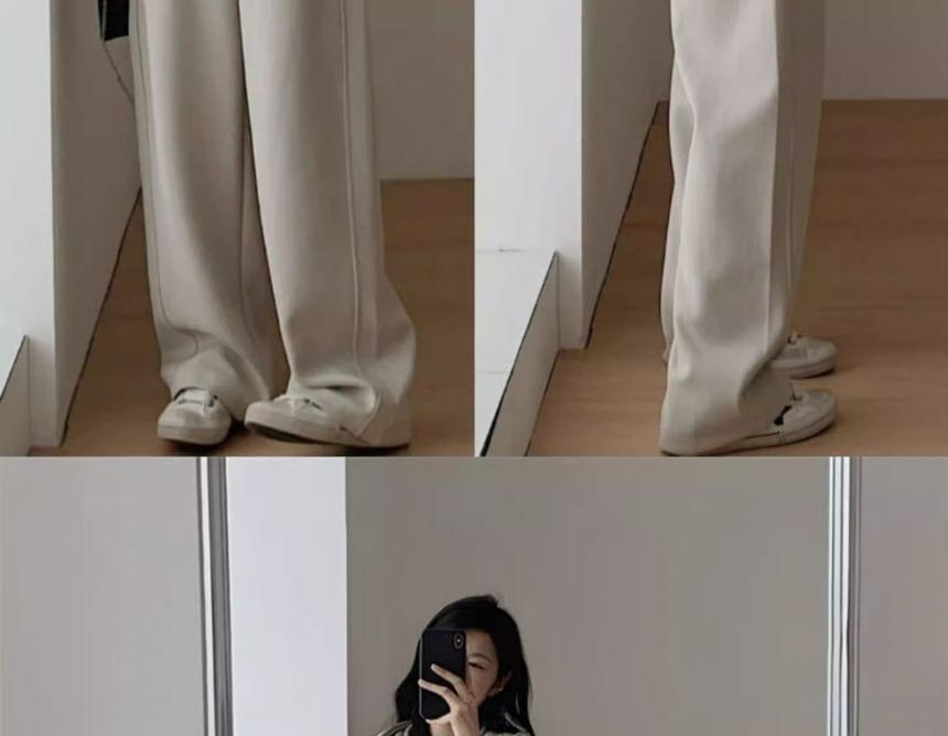 Set: Hooded Plain Zip Jacket + Drawstring Waist Plain Wide Leg Pants Product Image