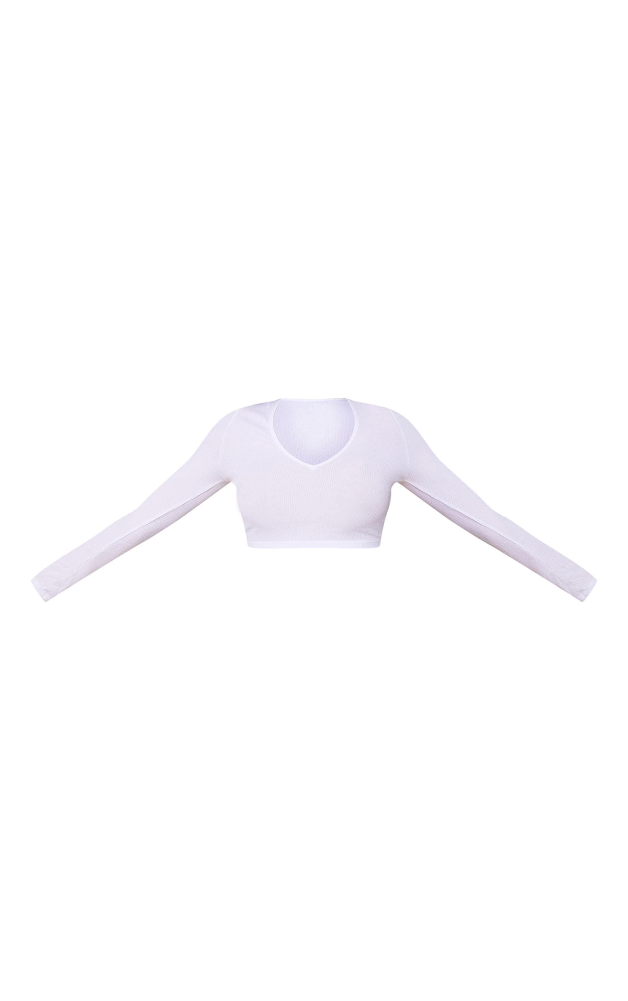 White Rib V Neck Long Sleeve Crop Top Product Image