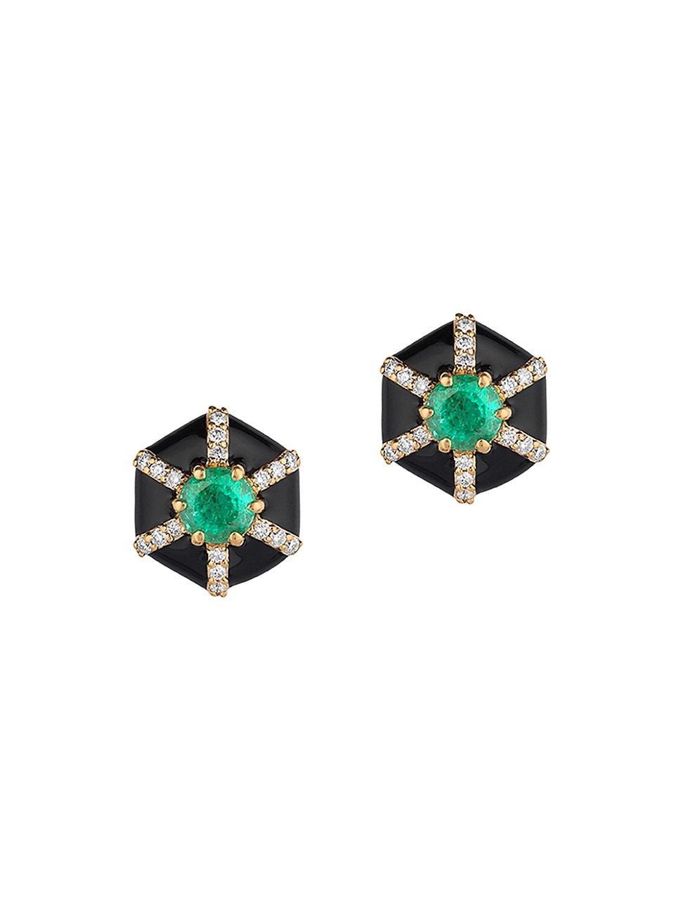 Womens Queen 18K Yellow Gold, Multi-Gemstone, & Enamel Hexagonal Stud Earrings - Yellow Gold Product Image