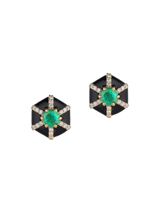 Womens Queen 18K Yellow Gold, Multi-Gemstone, & Enamel Hexagonal Stud Earrings Product Image