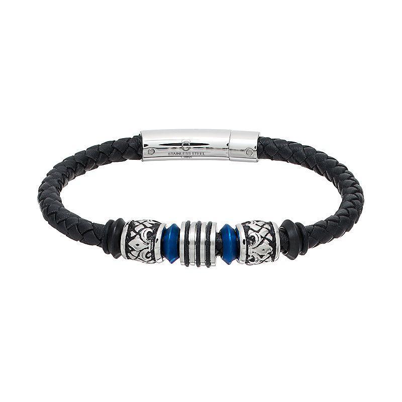 Mens Stainless Steel & Black Leather Beaded Bracelet Multicolor Product Image