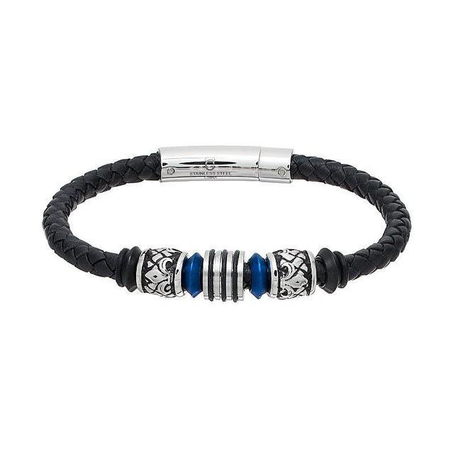 Mens Stainless Steel & Black Leather Beaded Bracelet Multicolor Product Image