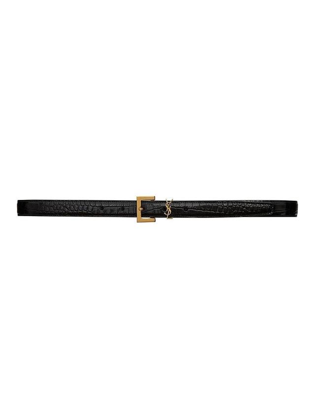 Saint Laurent Cassandre Thin Belt with Square Buckle in Crocodile-Embossed Leather Product Image