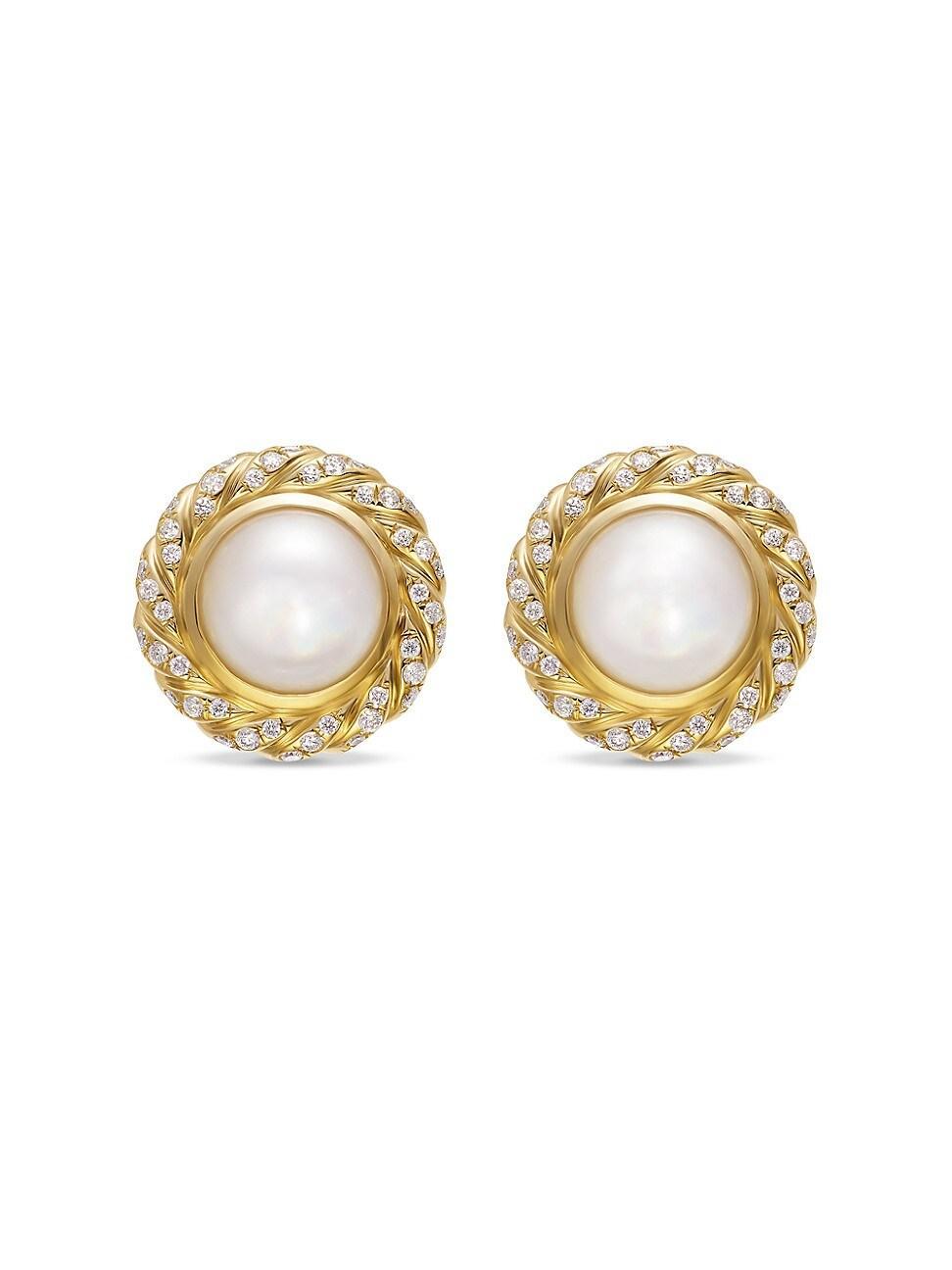 Womens Pearl Classics Cable Halo Button Earrings in 18K Yellow Gold with Diamonds, 13mm Product Image