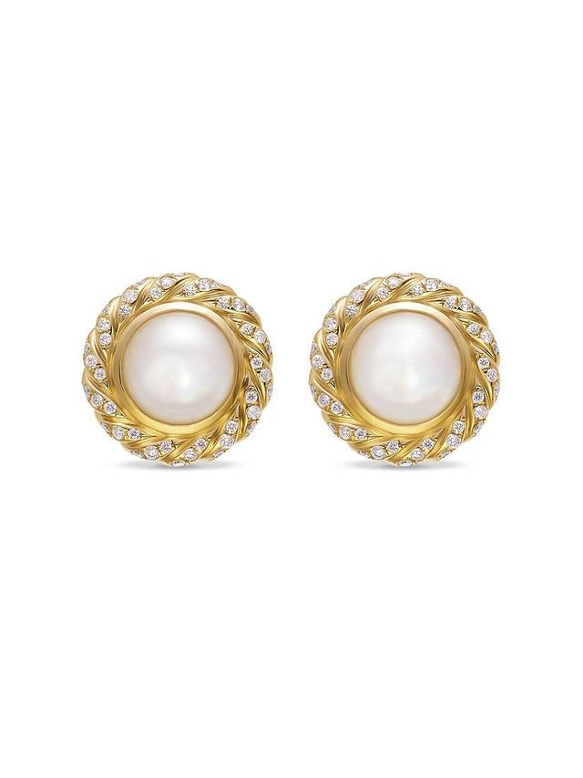 Womens Pearl Classics Cable Halo Button Earrings in 18K Yellow Gold with Diamonds, 13mm Product Image