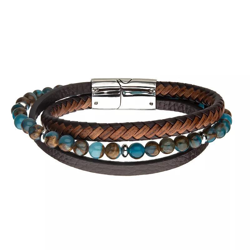 Mens Stainless Steel Blue & Brown Bead Layered Leather Bracelet Multi Product Image