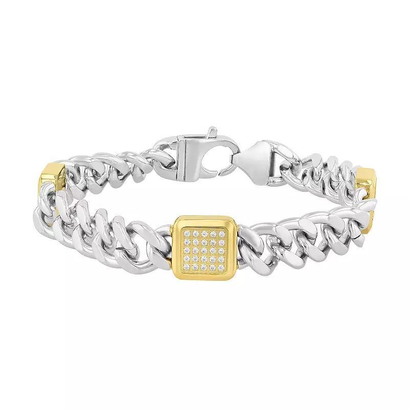 Steel Nation Mens Two Tone Stainless Steel Beveled Cubic Zirconia Cuban Curb Link Chain Bracelet Product Image