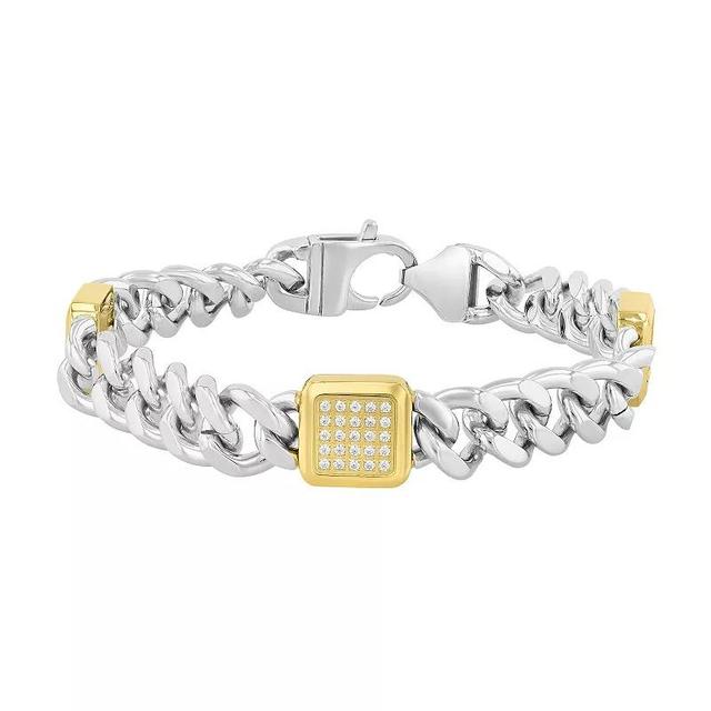 Steel Nation Mens Two Tone Stainless Steel Beveled Cubic Zirconia Cuban Curb Link Chain Bracelet Product Image