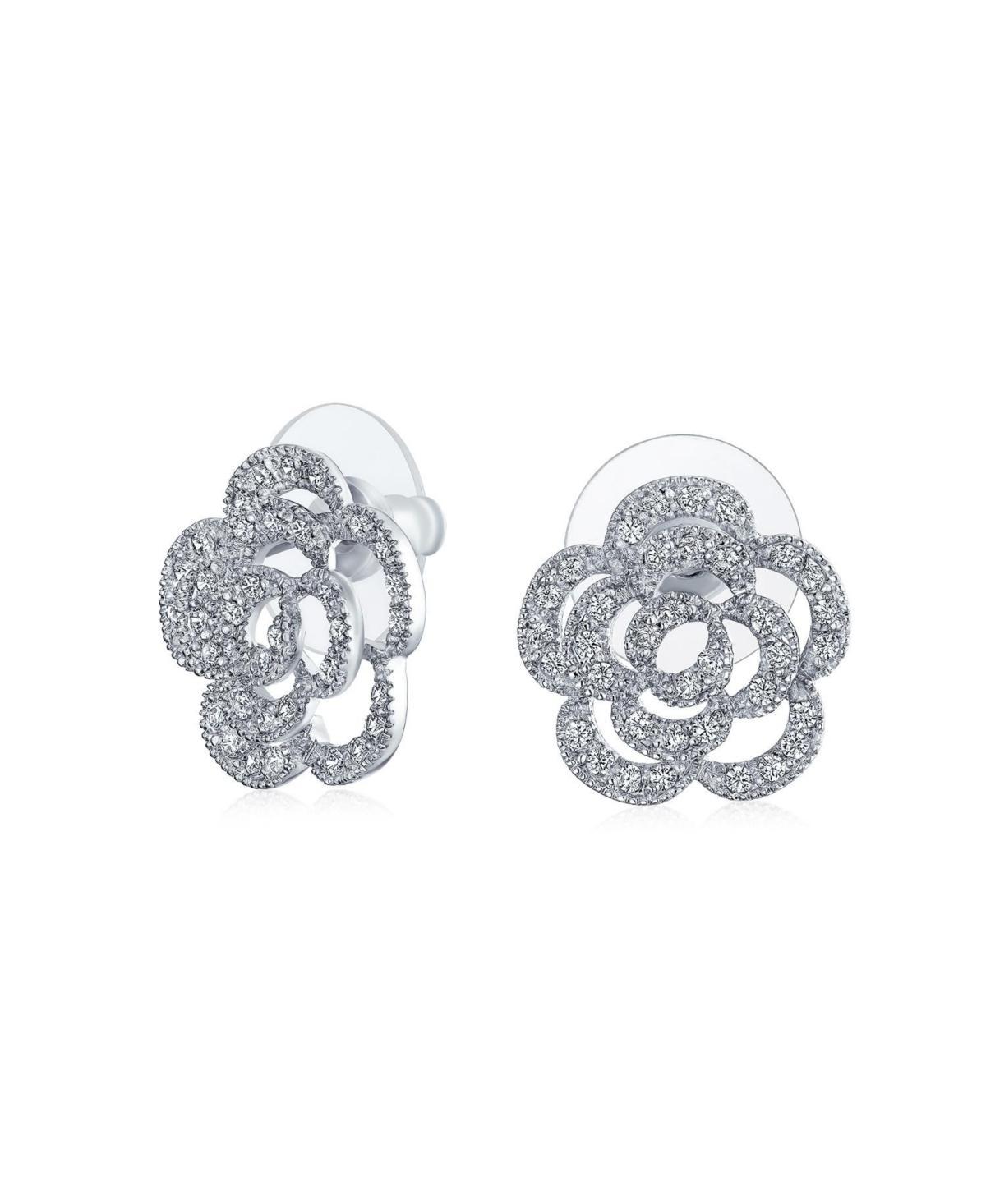 Pave Cz Accent Open Floral Love Rose Flower Stud Earrings For Women Wedding Party Bridesmaids Brides Rhodium Plated Brass 15MM Product Image