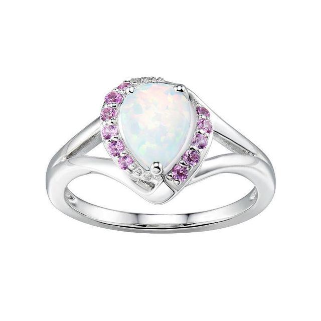 Sterling Silver Lab-Created White Opal & Pink Sapphire Teardrop Halo Ring, Womens Product Image