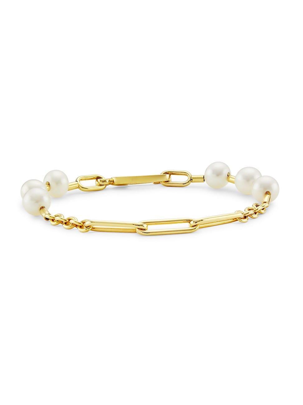 Womens 14K Yellow Gold & Freshwater Pearl Mixed-Link Chain Bracelet Product Image