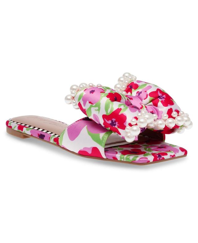 Betsey Johnson Womens Liah Pearl-Embellished Bow Slide Sandals Product Image