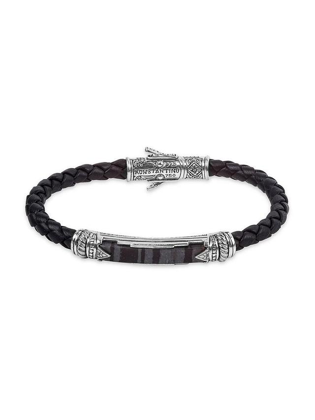 18K Gold/Silver Braided Leather Ferrite Bar Bracelet Product Image