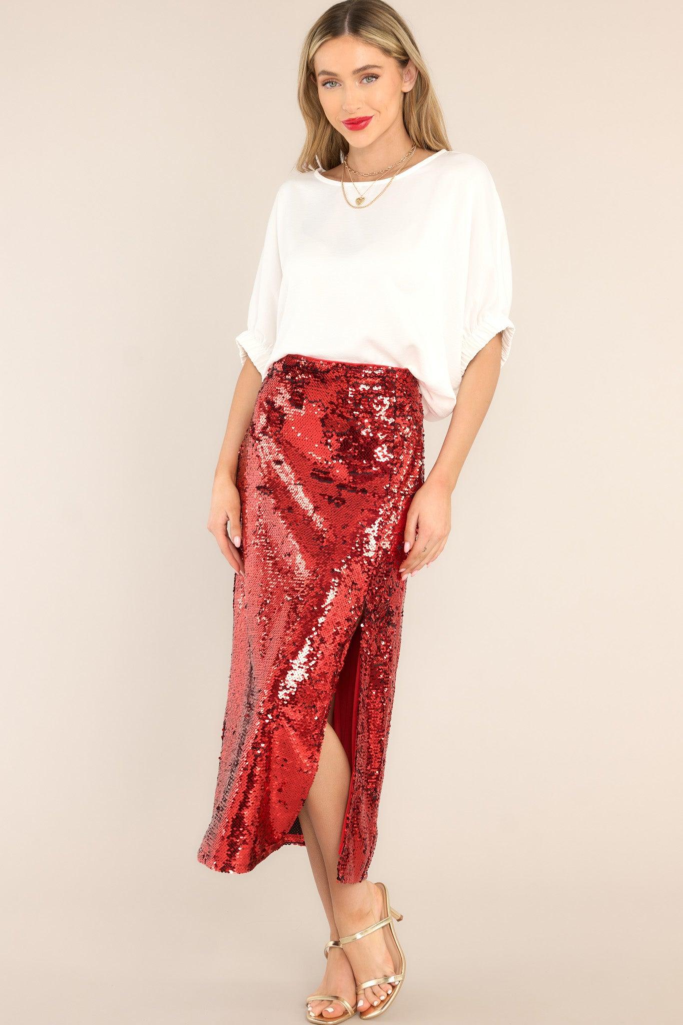 A Part Of It Red Sequin Midi Skirt Product Image