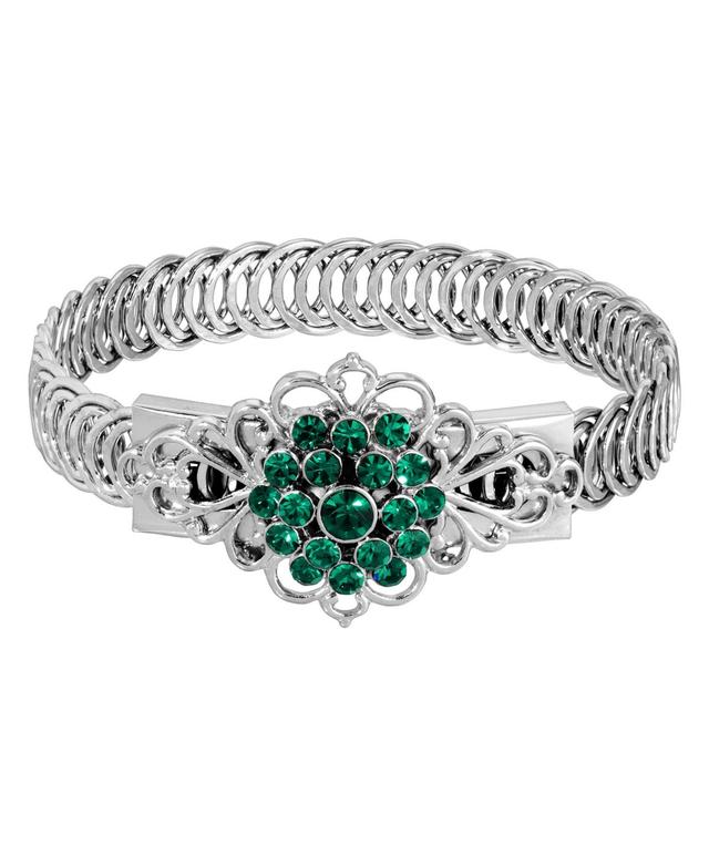 1928 Silver Tone Emerald Green Flower Overlay Belt Bracelet, Womens Product Image