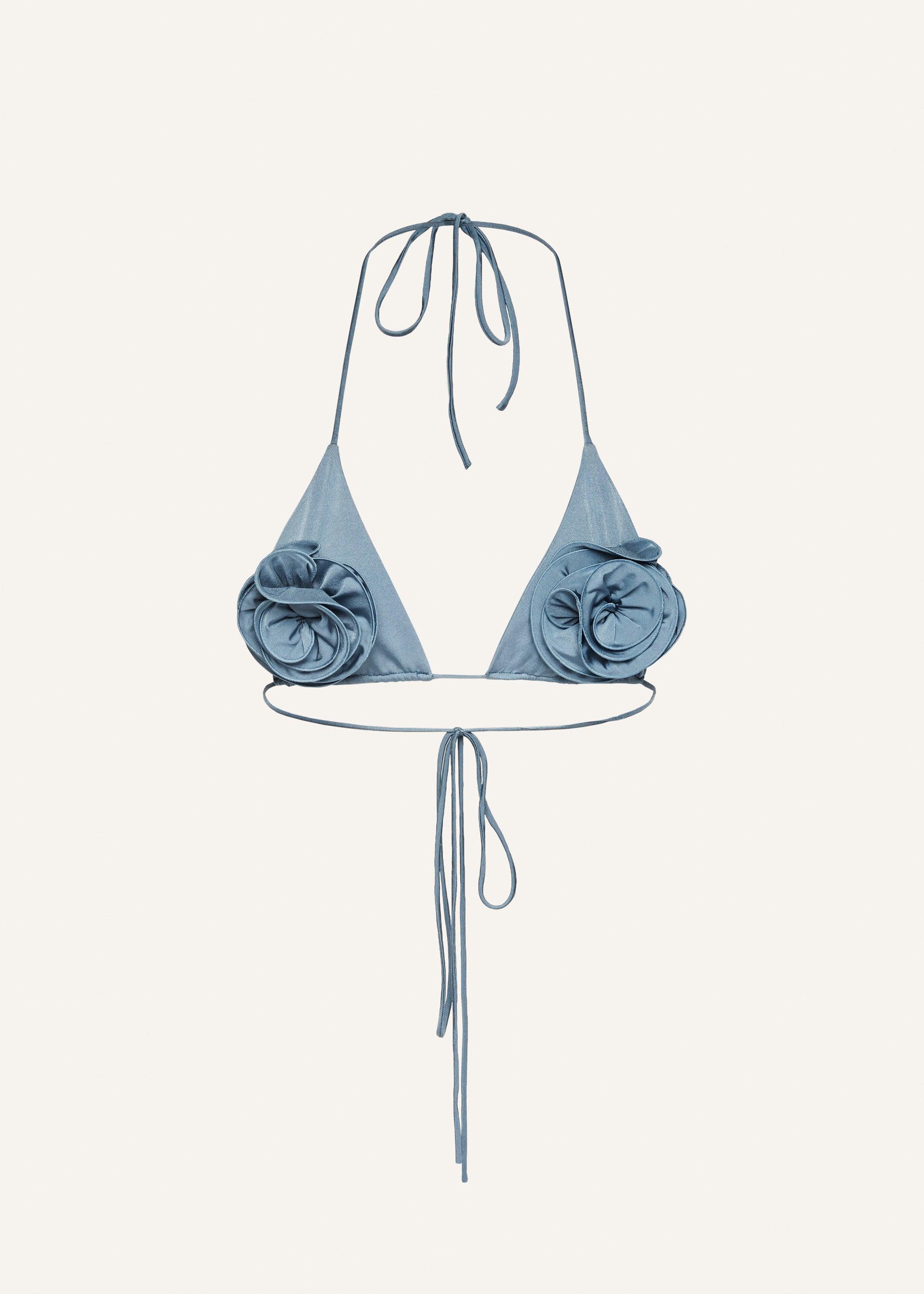 Floral strappy triangle bikini top in metallic light blue Product Image