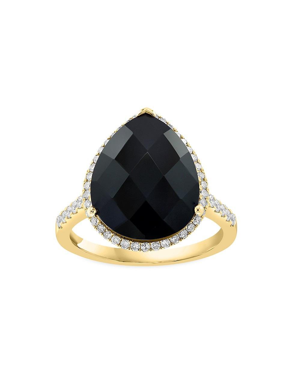 Womens 14K Yellow Gold, Onyx & 0.37 TCW Diamond Halo Ring Product Image