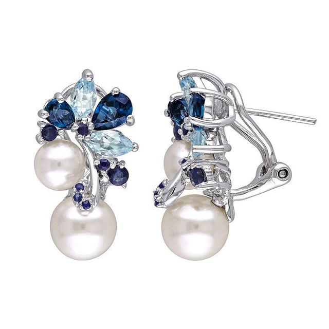 Stella Grace Sterling Silver Freshwater Cultured Pearl, Blue Topaz & Sapphire Earrings, Womens, White Product Image