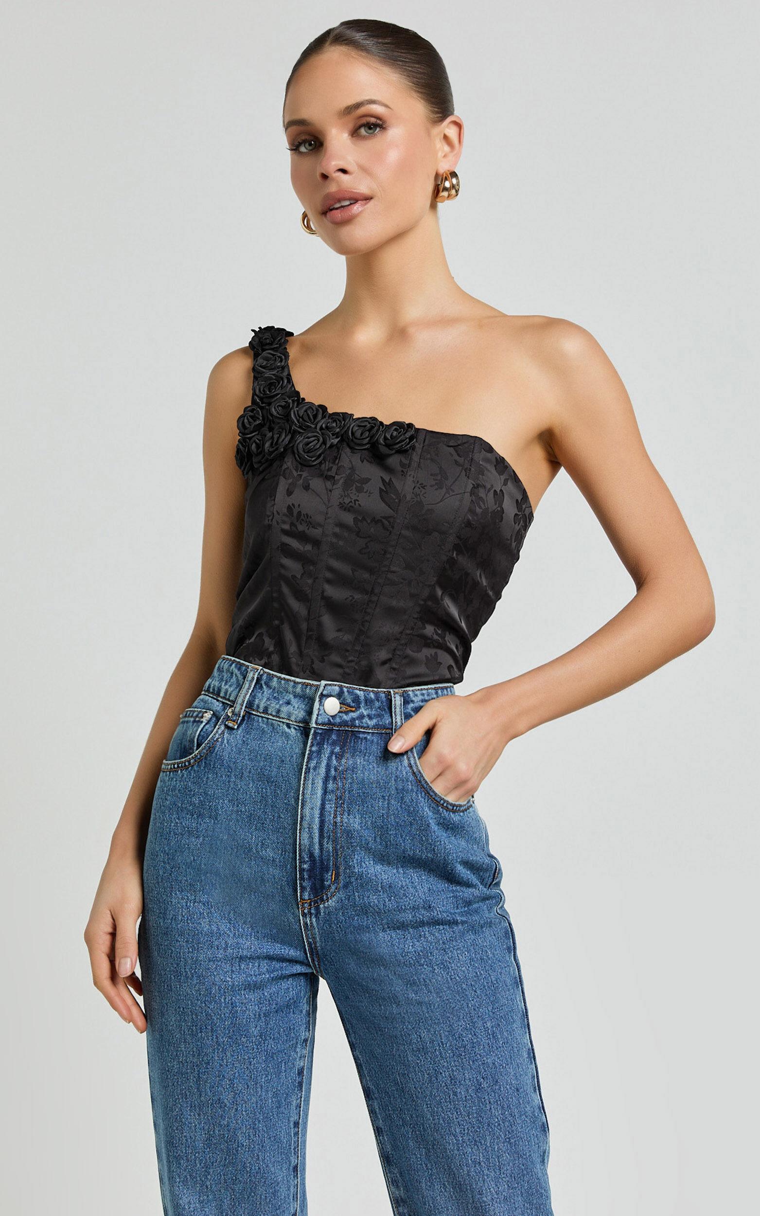 Gemma Top - One Shoulder Rosette Detail Top in Black Product Image