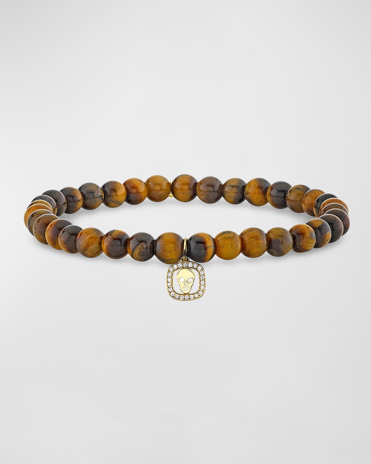 Mens Skull Charm Tigers Eye Beaded Bracelet Product Image