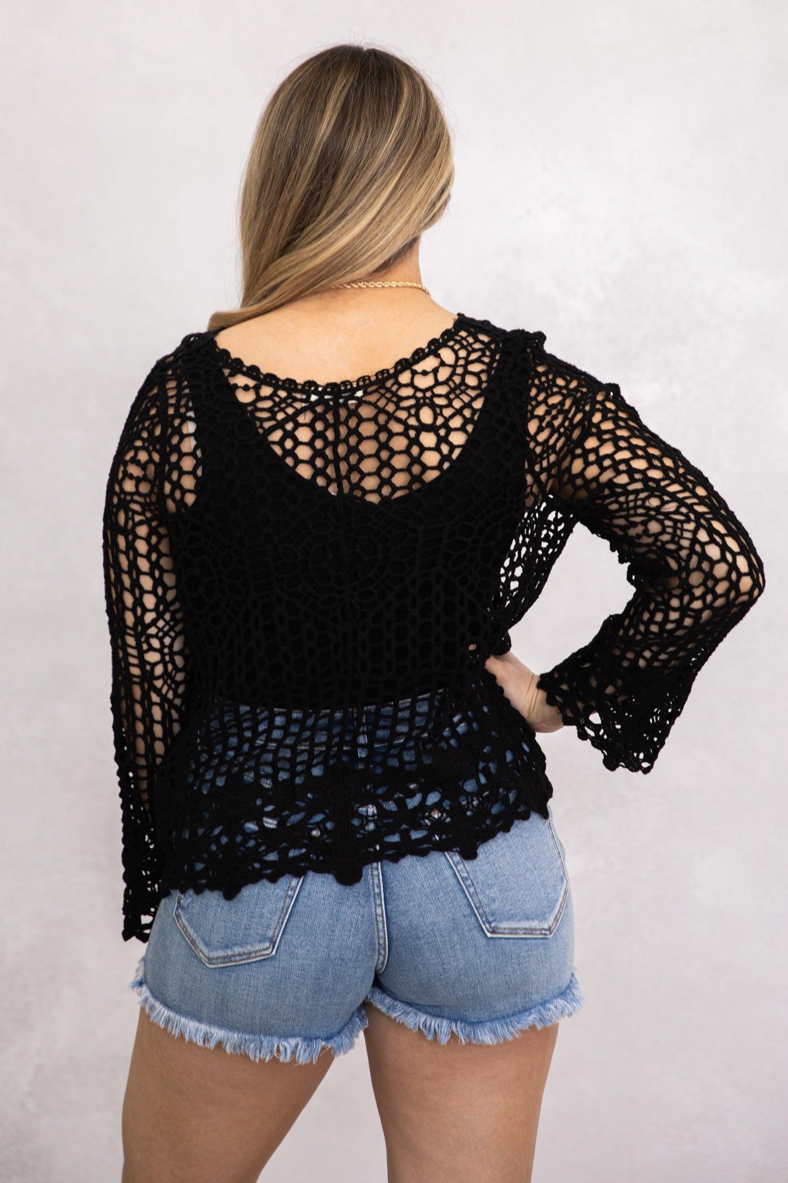 Black V-Neck Crochet Knit Top Product Image