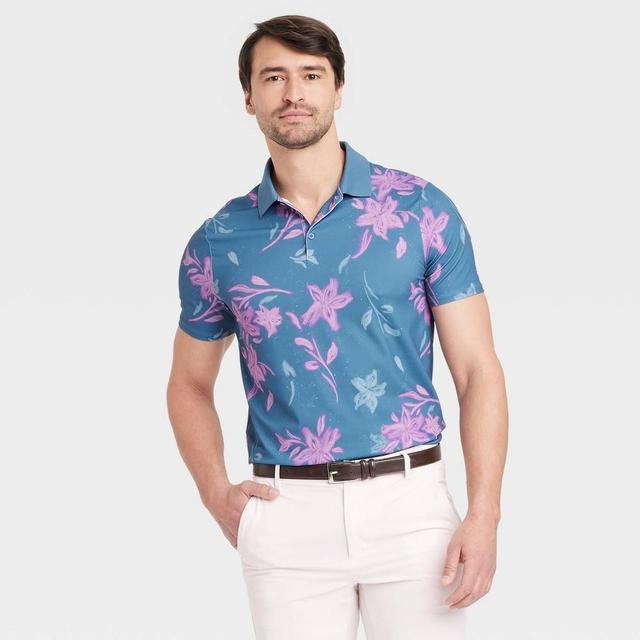 Mens Floral Print Textured Polo Shirt - All In Motion Blue/Lilac XXL Product Image