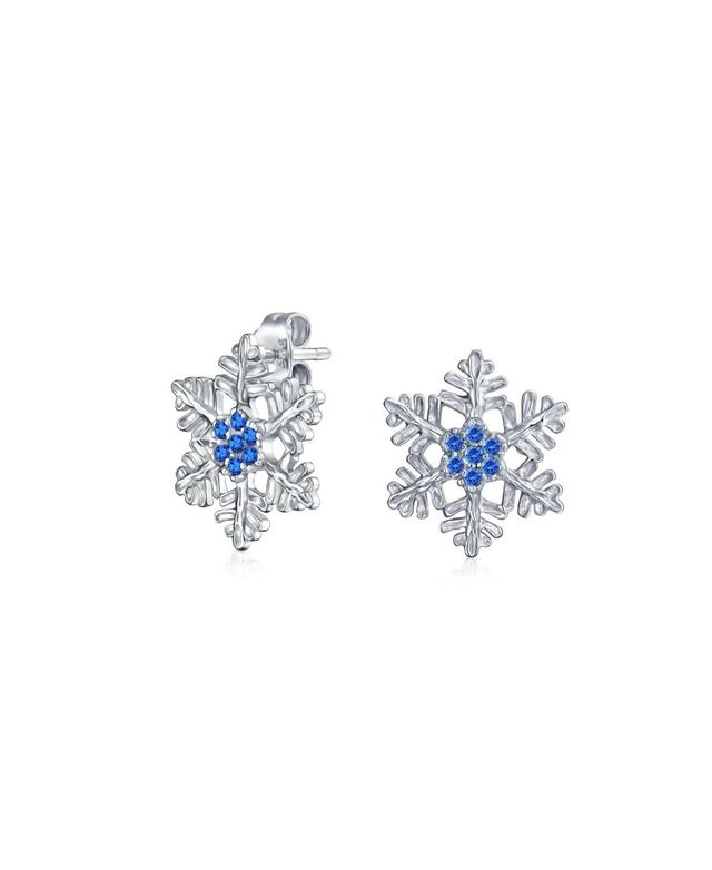 Holiday Party Flower Christmas Winter Clear Blue Cubic Zirconia Accent Cz Snowflake Stud Earrings For Women Teen .925 Sterling Silver Product Image