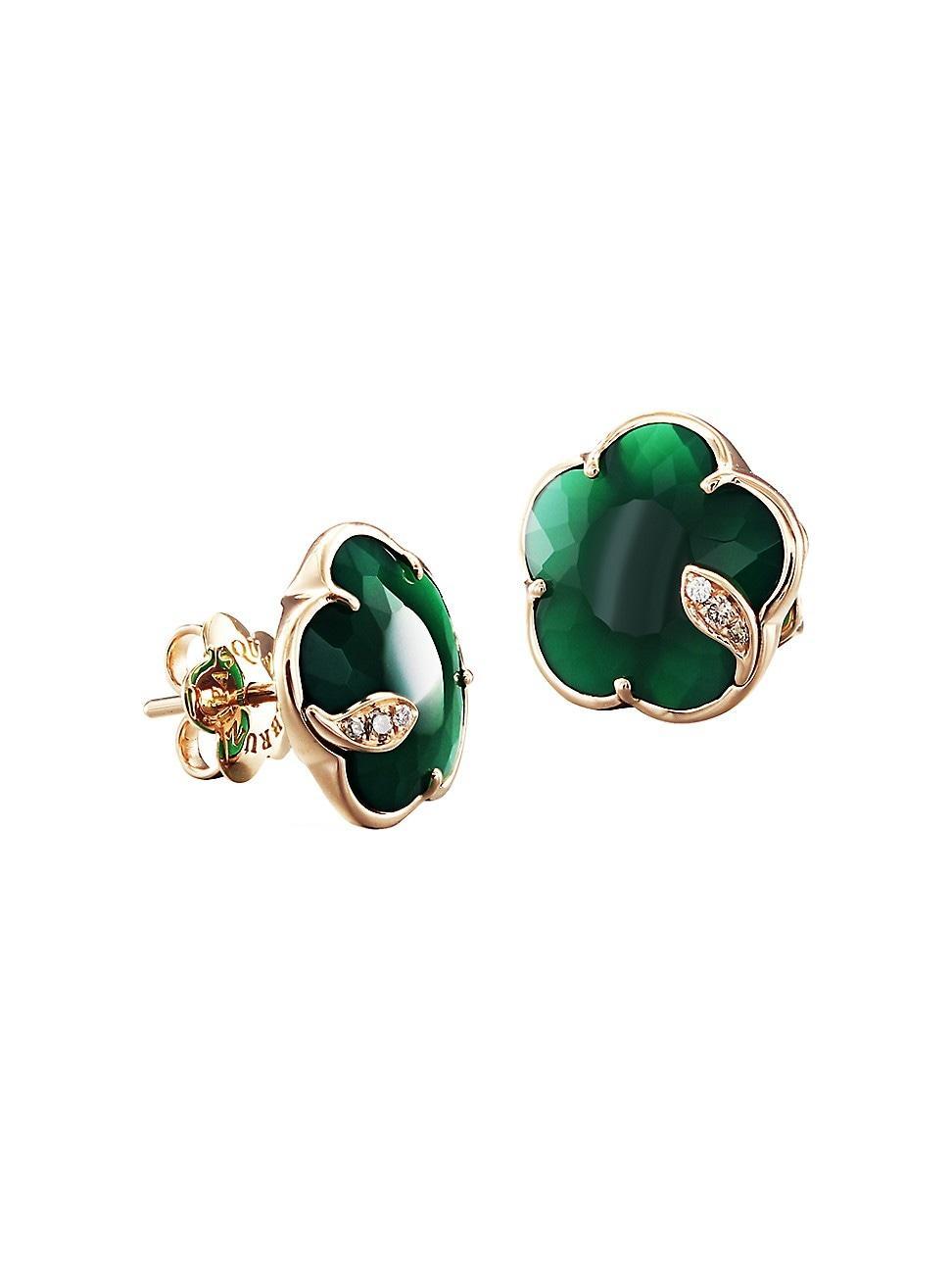 Womens Petit Joli 18K Rose Gold, Green Agate, & Diamond Flower Stud Earrings - Green Product Image