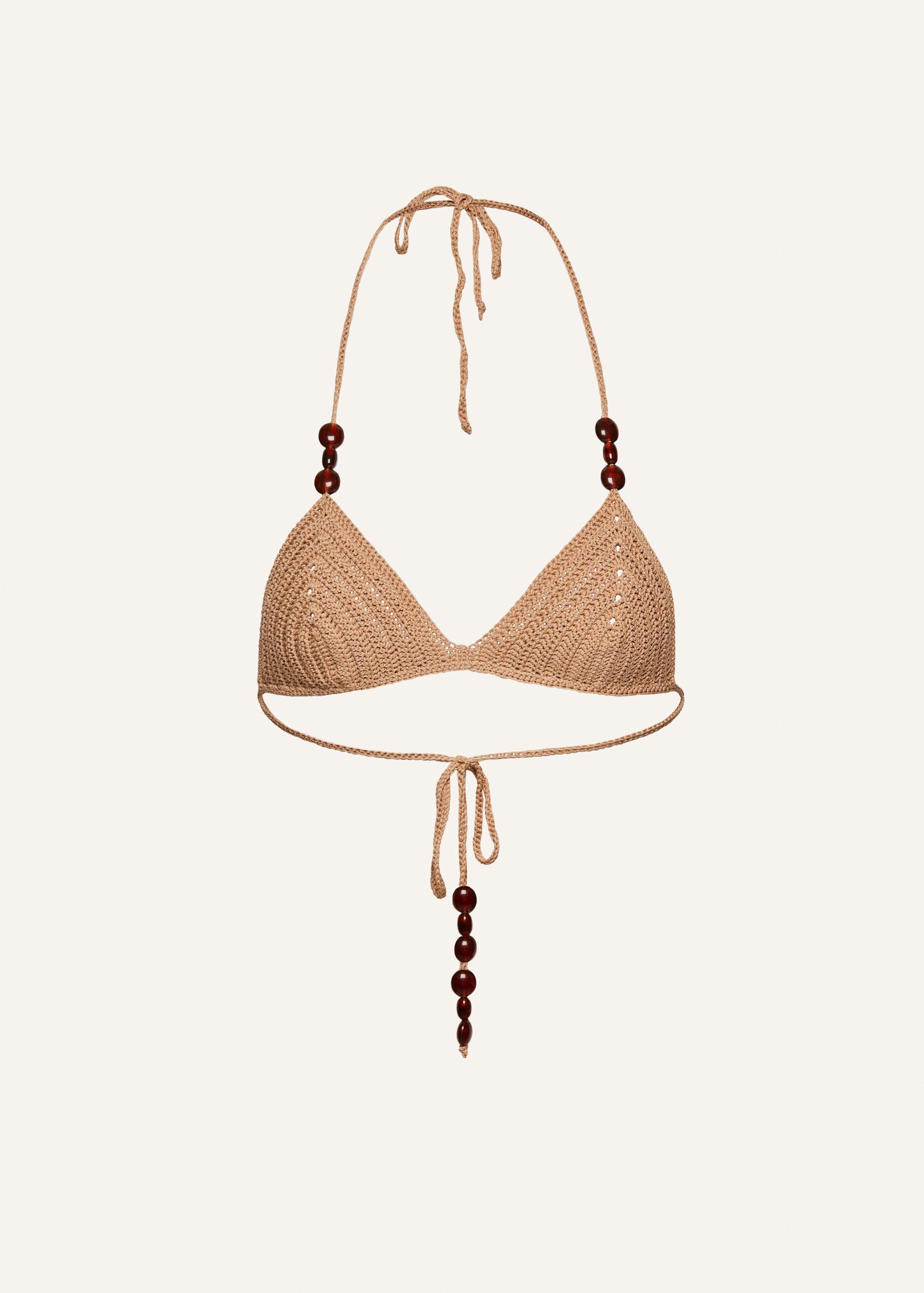 Crochet triangle beads bra in caramel Product Image