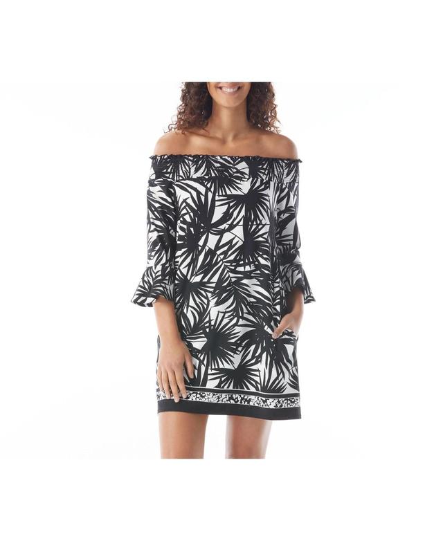 Beach House Style Womens Palm Print Kelsea Smocked Off the Shoulder Dress Product Image