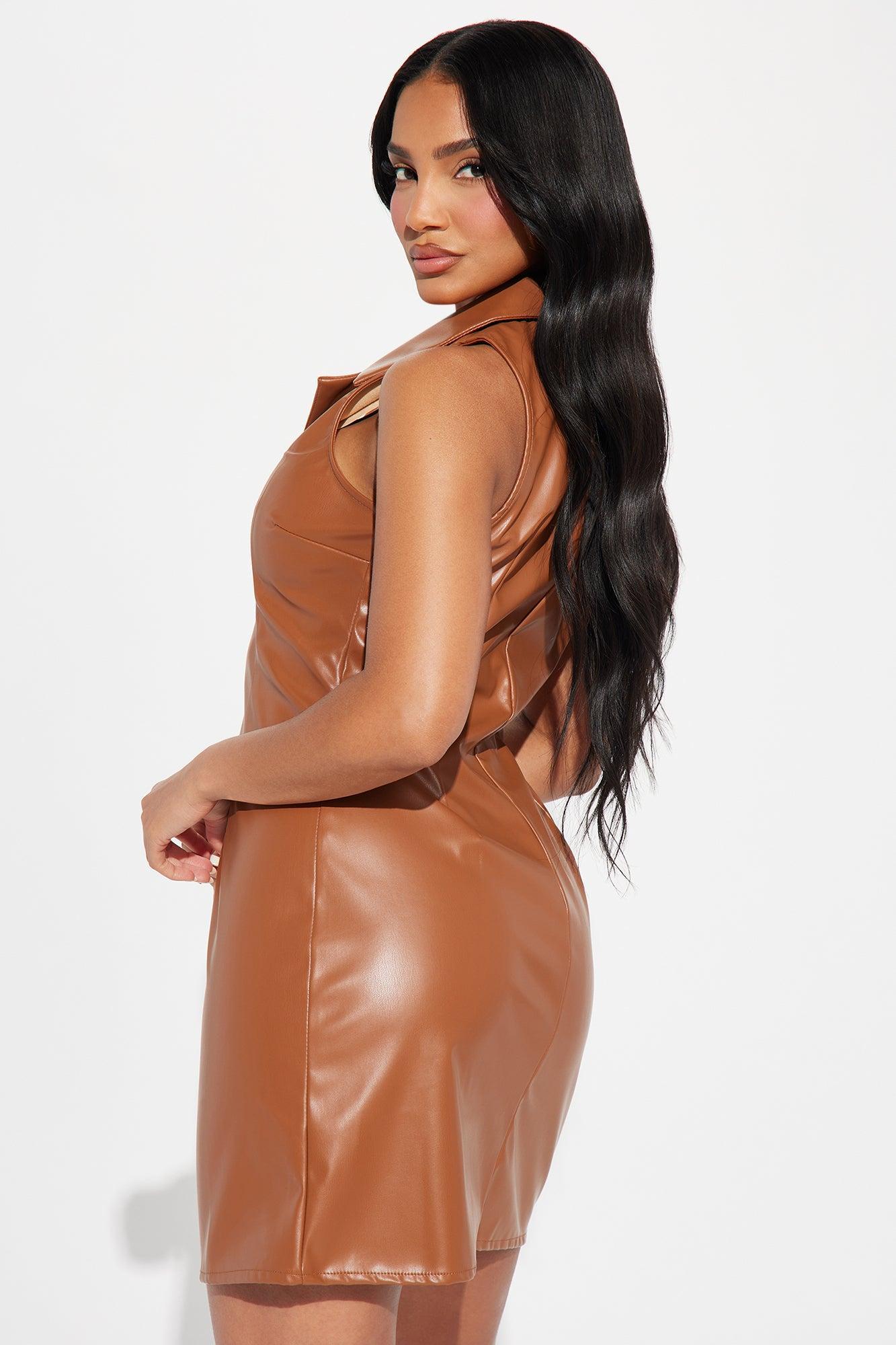 Urban Edge Leather Mini Dress - Cognac Product Image