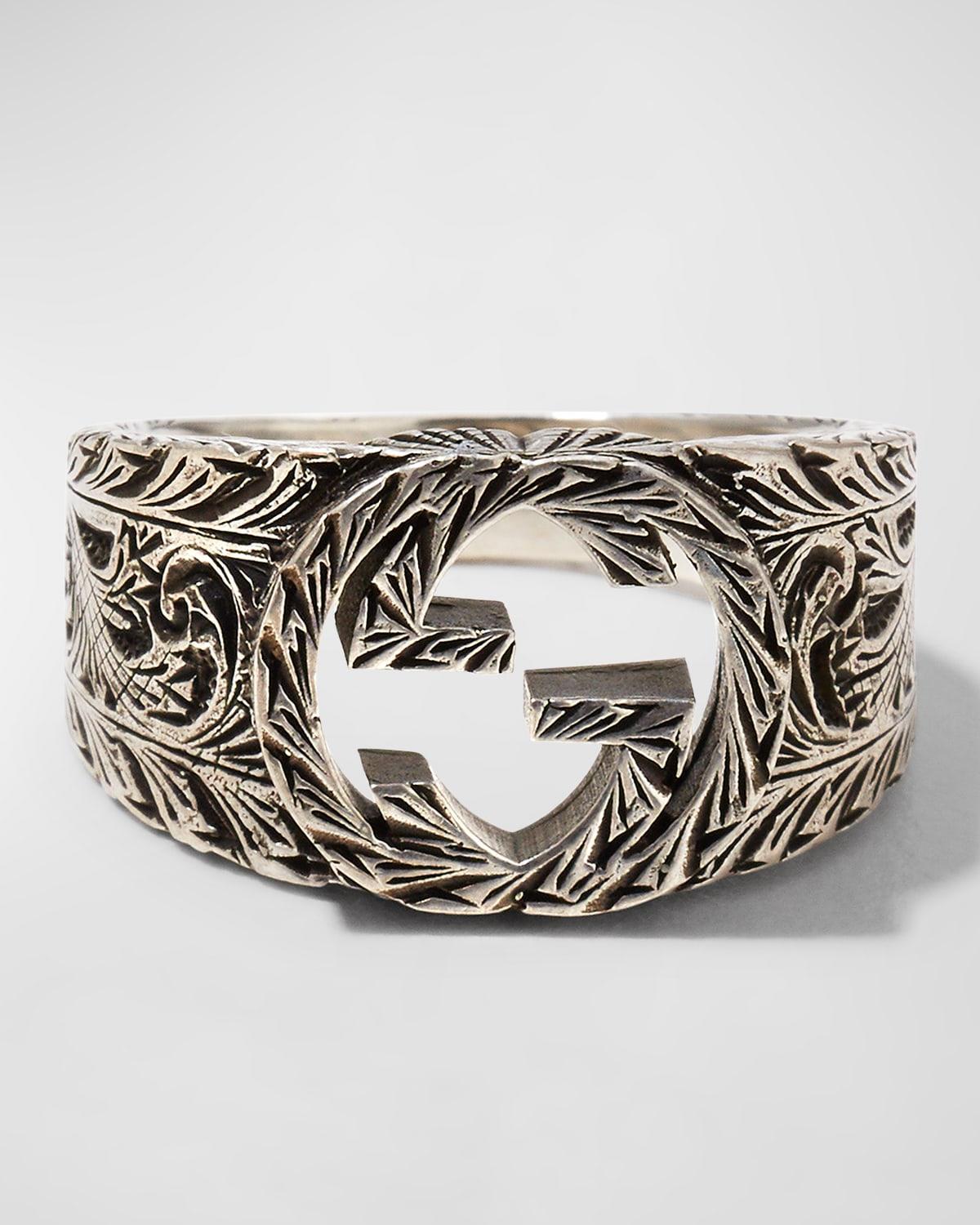 Mens Sterling Silver Interlocking G Ring With Paisley Details Product Image