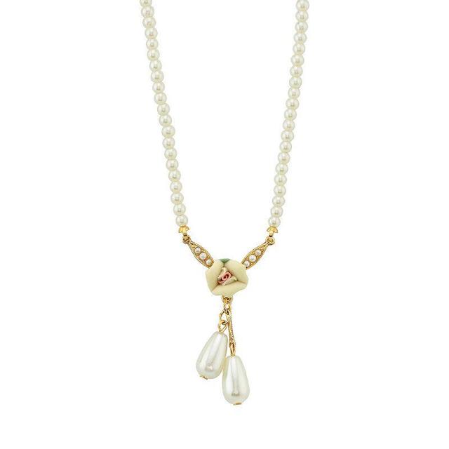 1928 Gold Tone Porcelain Rose and Faux Pearl Drop Necklace, Womens, White Product Image