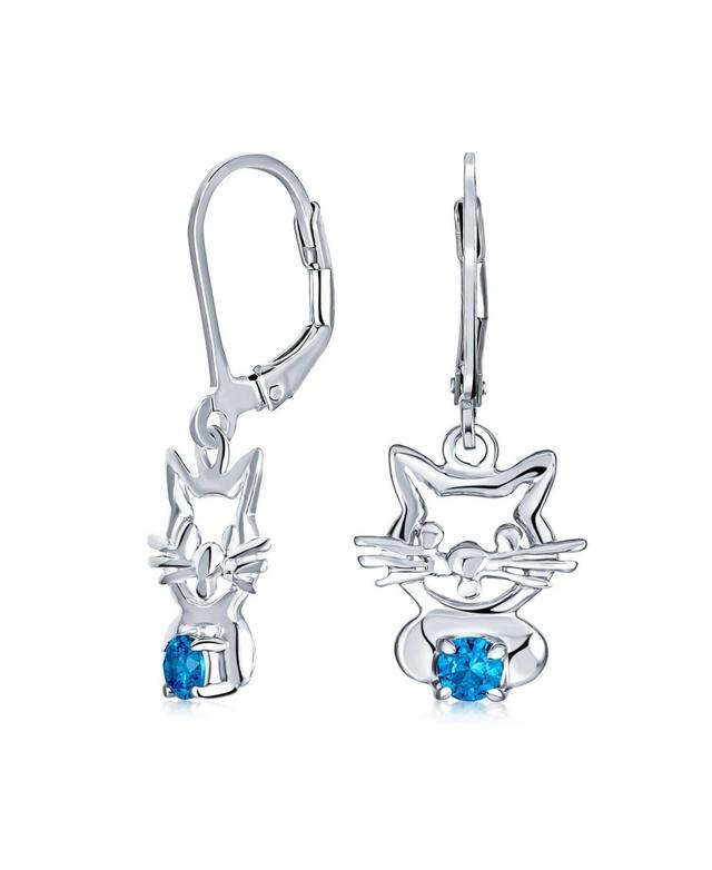 Bling Jewelry Small Kitty Kitten Animal Pet Blue Cz Accent Dangle Cat Earrings For Women Sterling Silver Leverback Product Image