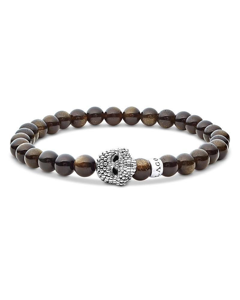 Lagos Mens Sterling Silver Anthem Obsidian Bead Skull Stretch Bracelet - 100% Exclusive Product Image