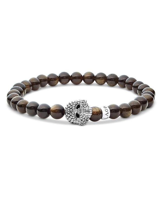 Lagos Mens Sterling Silver Anthem Obsidian Bead Skull Stretch Bracelet - 100% Exclusive Product Image