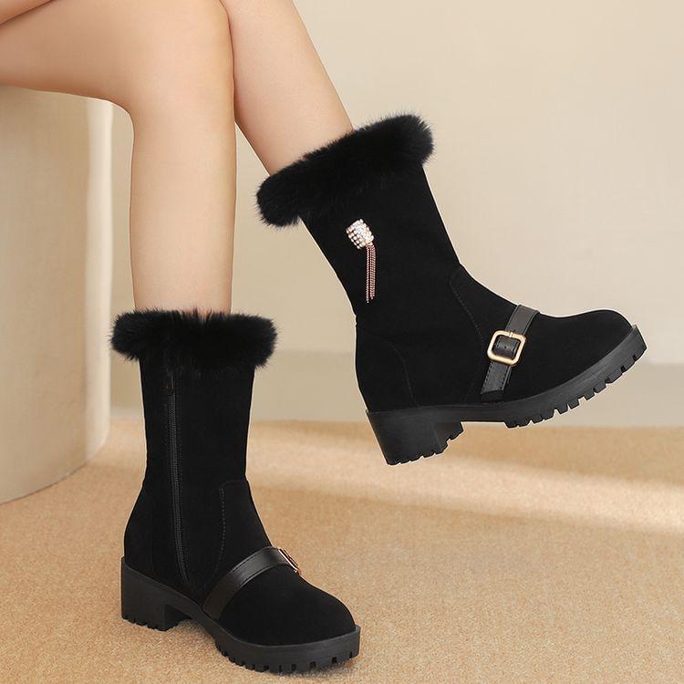 Buckled Fluffy Trim Platform Chunky Heel Mid-Calf Boots Product Image