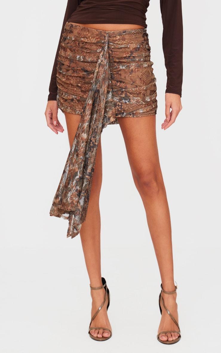 Brown Print Lace Mini Skirt Product Image