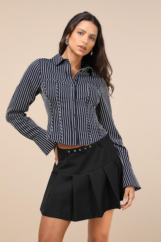 Stylish Choice Navy and White Striped Bustier Button-Up Top Product Image