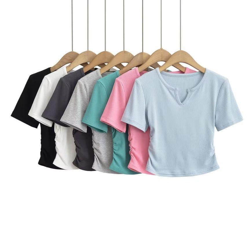 Short-Sleeve Notch Neck Plain T-Shirt Product Image