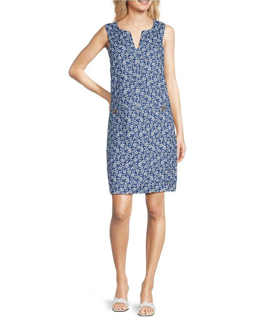 J.McLaughlin Rue Linen Floral Print Split V-Neck Sleeveless Shift Dress Product Image