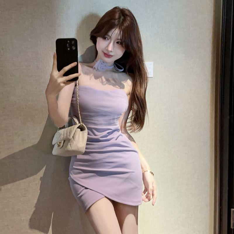 Set: Plain Asymmetrical Mesh Panel Mini Bodycon Tube Dress + Flower Choker Product Image