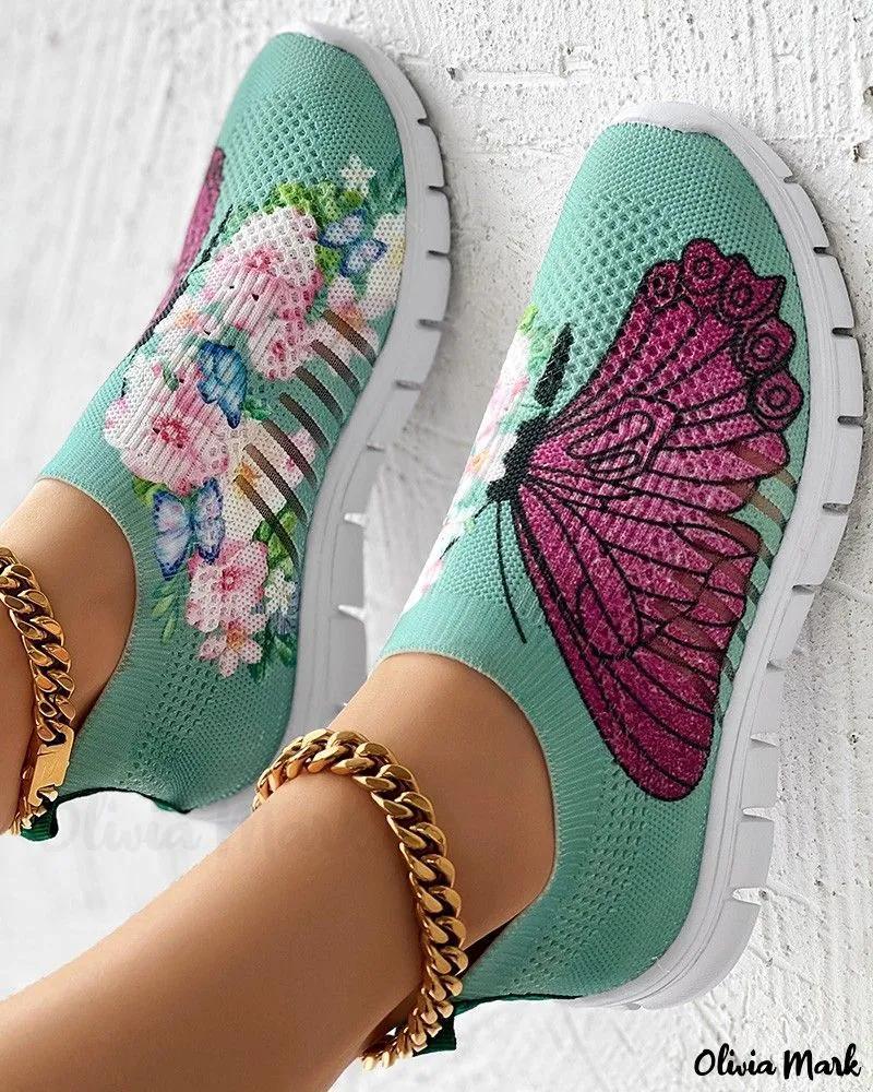 Olivia Mark – Breathable Floral Butterfly Print Slip-On Sneakers Product Image