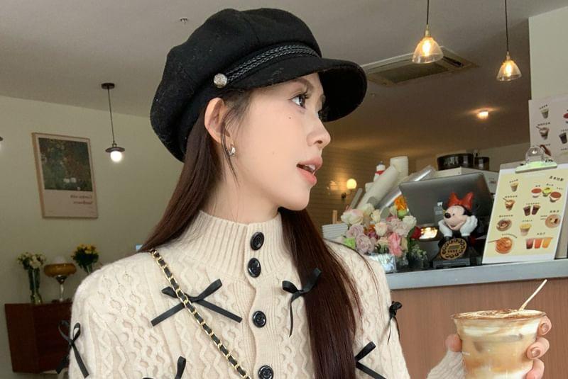 Long Sleeve Plain Ribbed Top / Stand Collar Bow Cable Knit Button Capelet Product Image