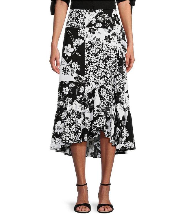 Investments Botanical Patch Print High-Low Ruffled Hem Faux Wrap Midi Skirt Product Image