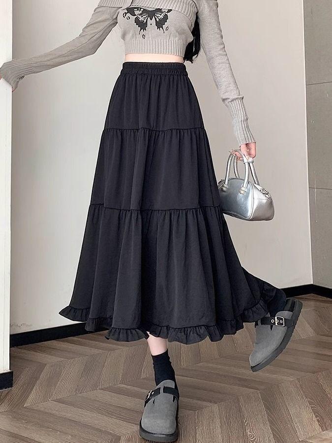 High Waist Plain Ruffle Trim Maxi A-Line Skirt Product Image