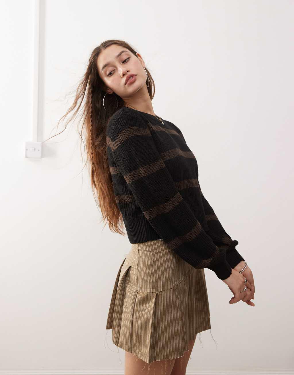 Noisy May round neck sweater in black & brown Product Image