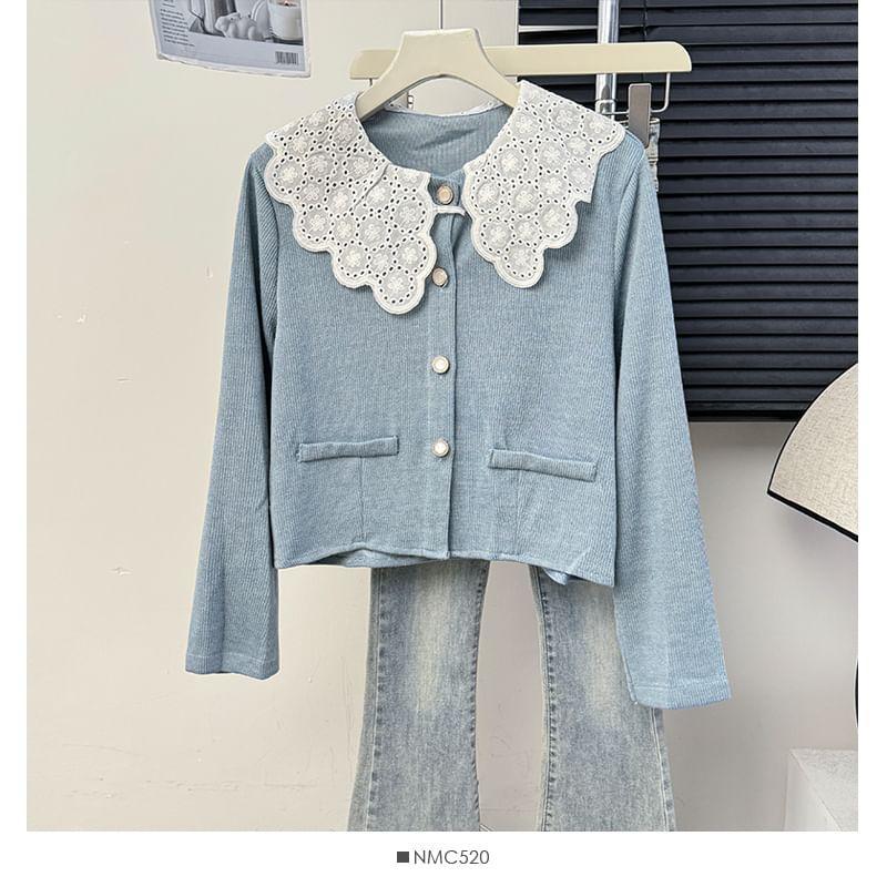 Lace-Collar Crew-Neck Cardigan in 5 Colors Product Image