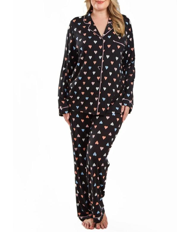 iCollection Tobey Plus Button Down Modal Pajama Pant Set with Pink Contrast Trim Product Image